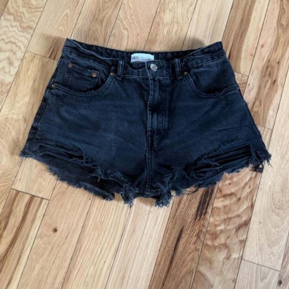 Zara Black Distressed Frayed Hem Denim Shorts